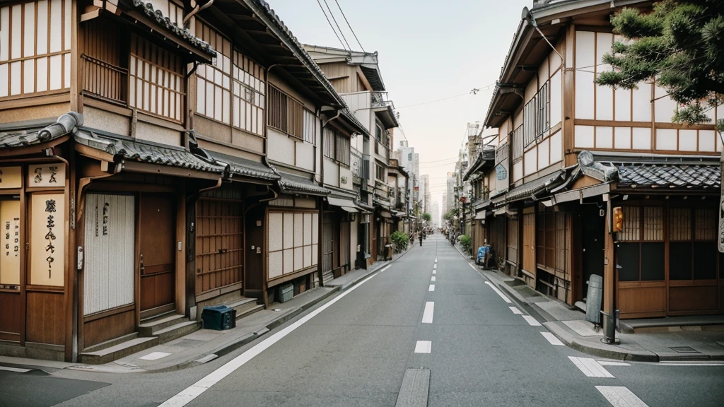 A comic style illustration of tokyo old town as seen from street level. Camera View should be in the middle of the city from a sidewalk.