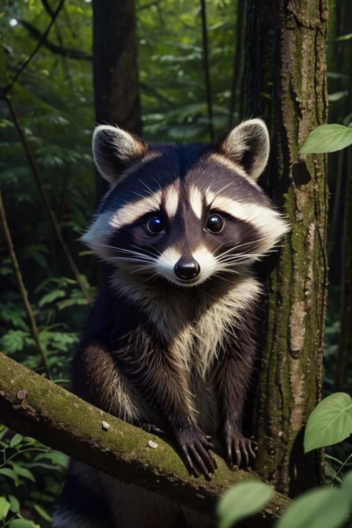 Raccoon with big eyes, Forest background
