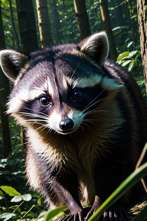 Raccoon with big eyes, Forest background