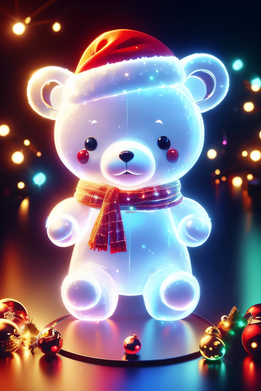 1 transparent glowing cute Christmas polar bear wearing a Christmas hat,Holding a Christmas gift box
