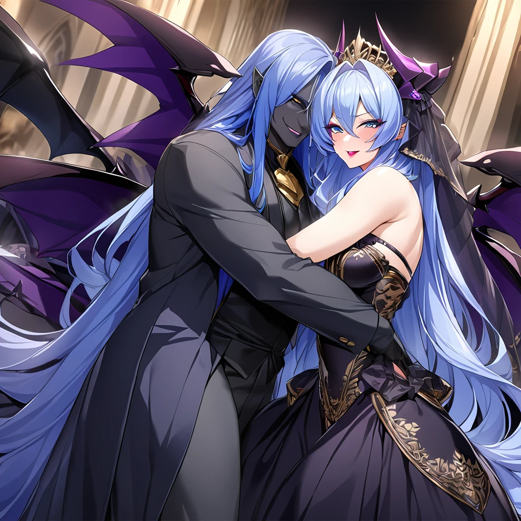 ((Highest quality)), ((masterpiece)), (detailed), (Perfect Face)、The woman is hugging and kissing the great evil demon king man、The woman is a beautiful, jet-black female demon, the queen of evil, Devil Extia, with medium-long blue hair, wearing a luxurious black wedding dress with gold embroidery and trim, a black wedding veil, an engagement ring, luxurious accessories, lipstick and makeup, and an elegant, beautiful female demon, the Demon Queen.、A great demon with jet black skin, evil devil horns, devil wings and a devil tail.、The woman looks happy、The man is a great and powerful demon king, favored by the majestic demons.