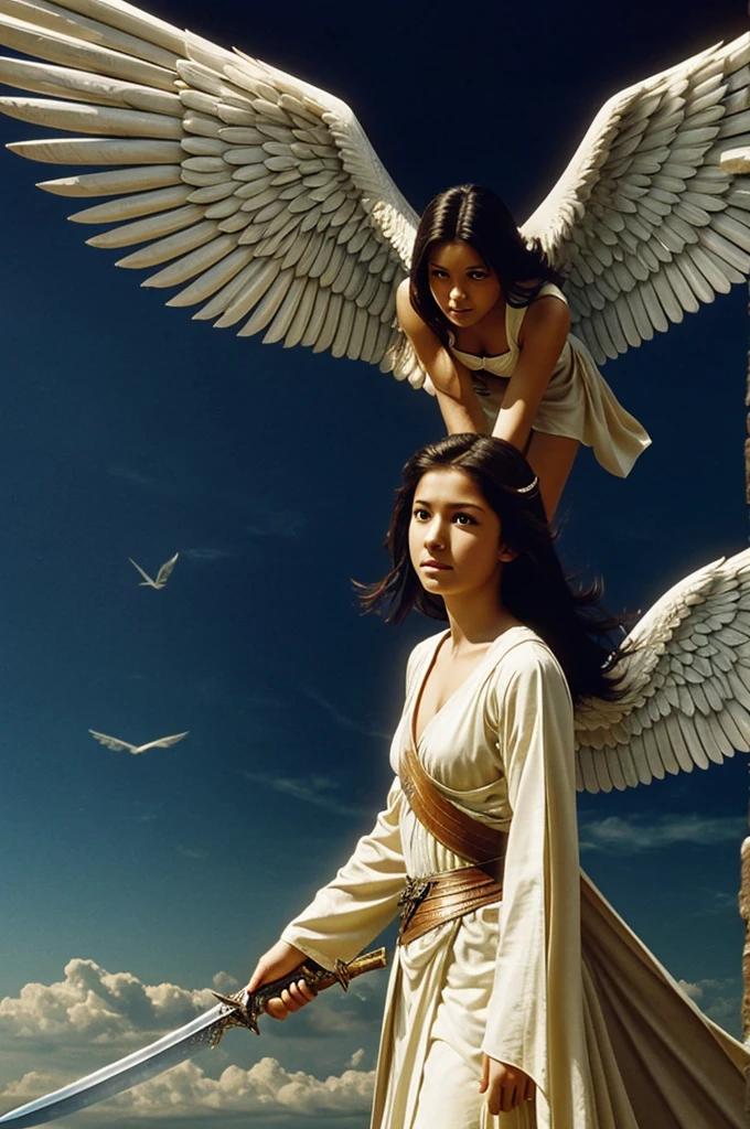 A beautiful angel who spreads these long wings after a tough battle with a long bloody sword