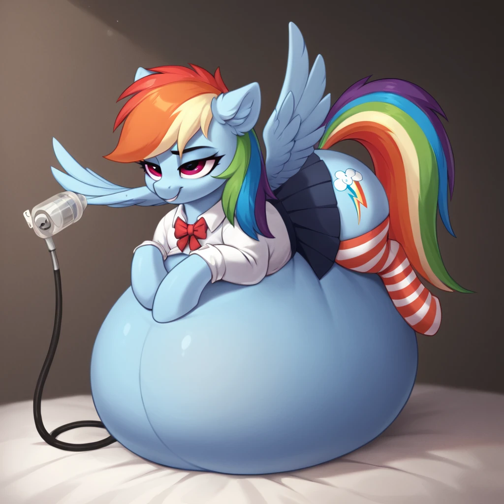 score_9, score_8_up, score_7_up, score_6_up, score_5_up, score_4_up,  (by aki99), source_pony, rating_suggestive, (feral pegasus rainbow dash), pleated skirt, striped stockings, open clothes, bedroom eyes, masterpiece, detailed soft lighting, ear fluff,  Massive Inflation Fat Body jiggly, fat round Body, body swelling about to explode, extreme overweight, bouncy belly, enormous in size Body Infaltion body expansion pumpin herself up like a blimp full up Gas pump up blow extremely swollen inflated body Inflatable spherical body inflated here's a pegasus growing to such a big air pump hose in the butt body inflation 