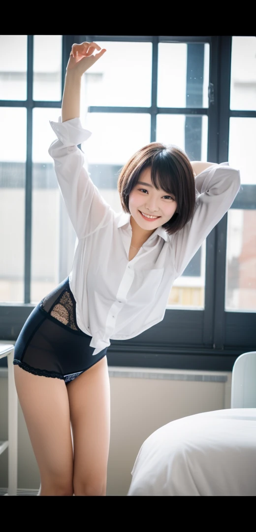 （Wearing a dress shirt and business jacket:1.8）,look at the camera with a smile、（Wearing panties）、woman, 20-year-old, Short Hair,Please expose my panties...、(Lace panties)、(Tilt your head a little)、Detailed skin、Detailed skin、Detailed Sweat