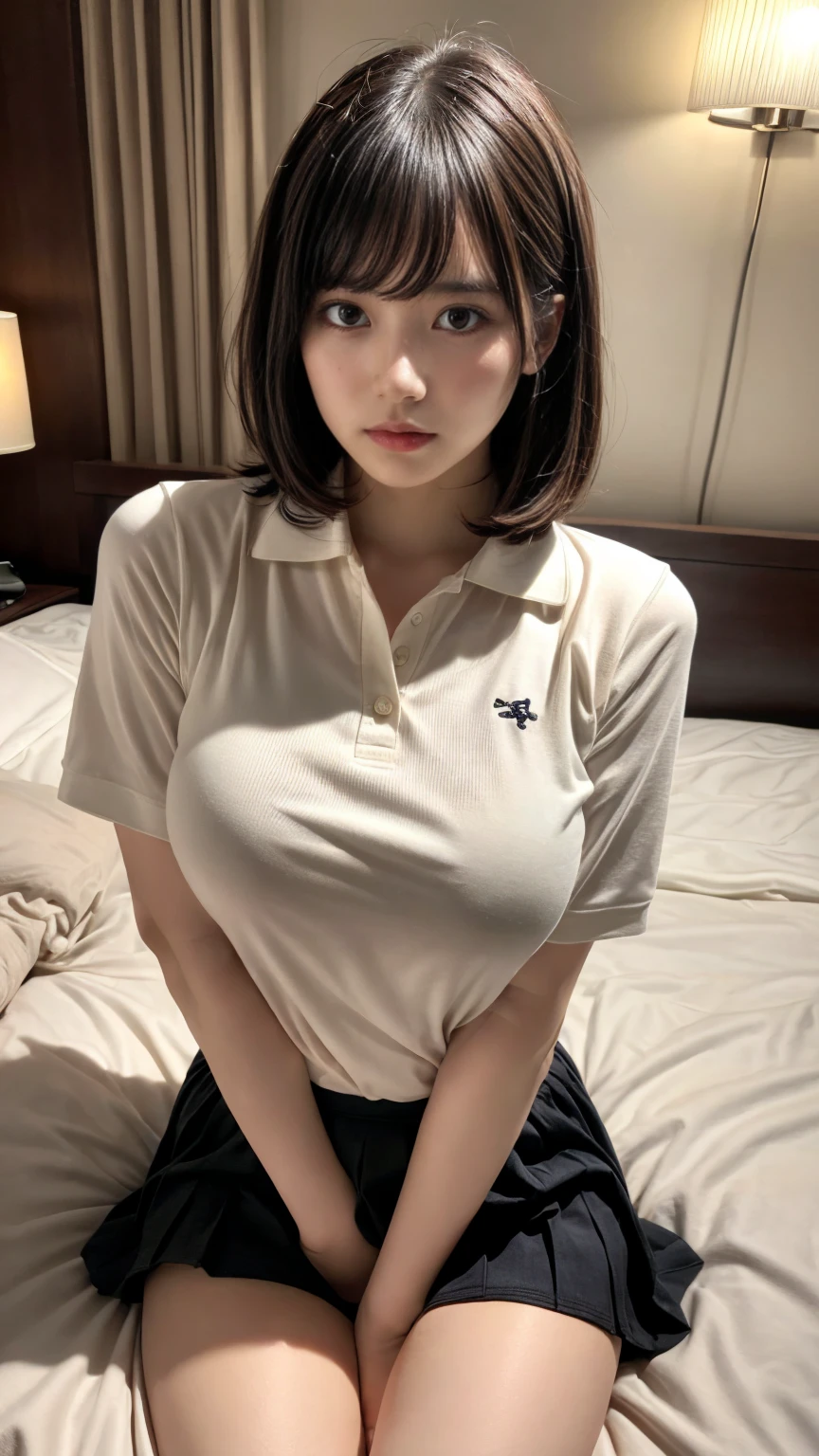 masterpiece, best quality, illustration, Super detailed, fine details, High resolution, 8K,wall paper, perfect dynamic composition,(Details High quality, realistic depiction of eyes:1.3), (Polo shirt with collar), pleated skirt, big breasts, short bob hair、black hair color, Big Natural Color Lip, bold sexy pose, (perfect body shape), crying a little、cold gaze, Harajuku style、20 year old girl、cute type、ta、beautiful legs, hotel room, hposing Gravure Idol, Voluptuous thighs