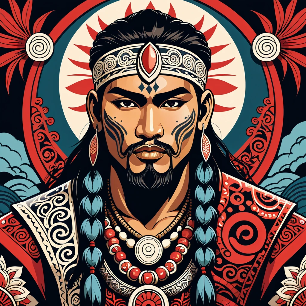 necromancer maori in japanese folk outfit, vector graphics, strong contours
