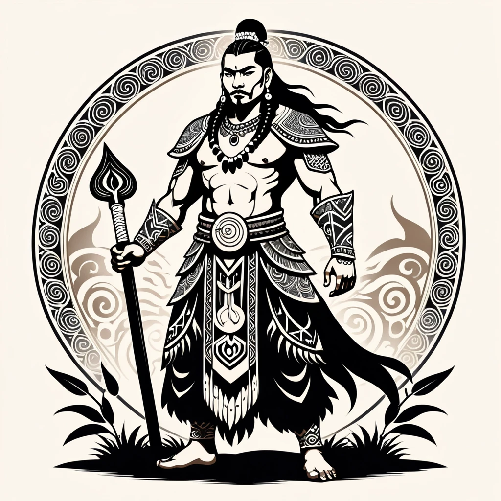 necromancer maori in japanese folk outfit, vector graphics, strong contours