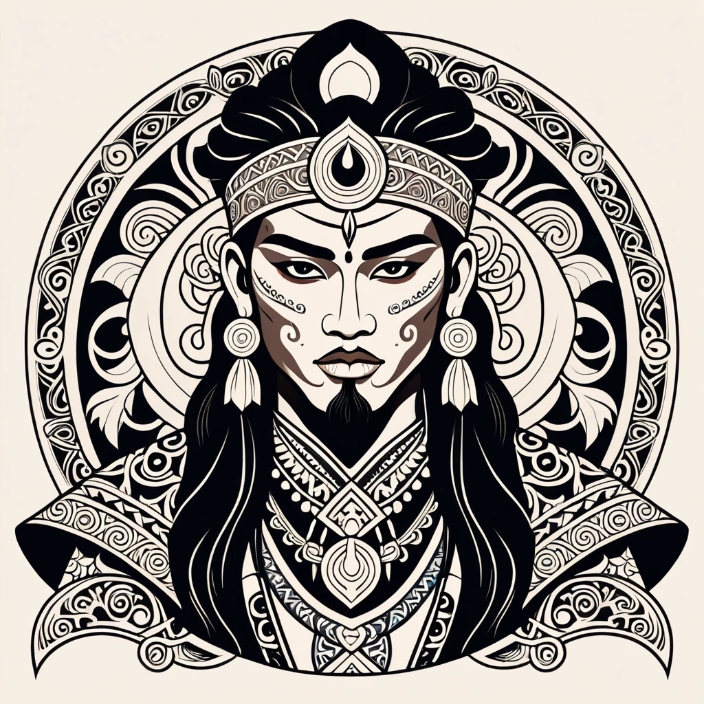 necromancer maori in japanese folk outfit, vector graphics, strong contours

