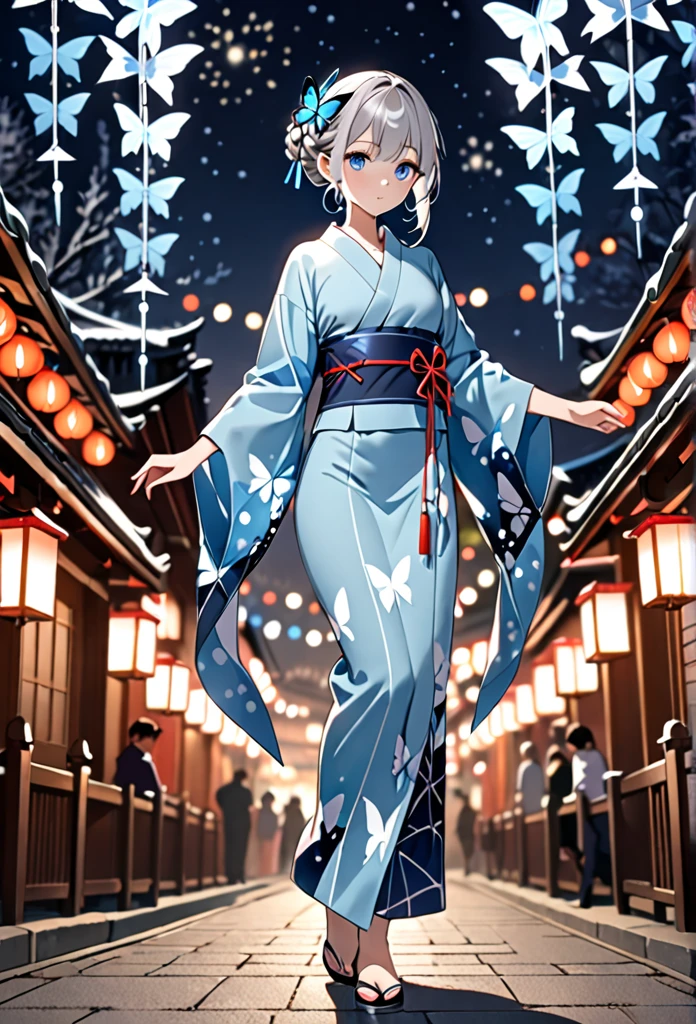 High resolution, masterpiece, accurate, Anatomically correct, Winner of numerous awards, Highest quality, High-resolution model, 
One girl, solo, 
Silver Hair，Braided bun hair, 
Ice Blue Eyes, Butterfly hair accessory, slender yukata, Festive night background full body