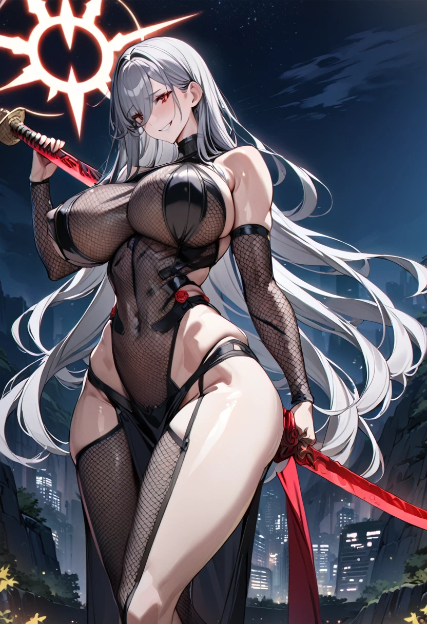 Best Quality, 8k, High resolution, high quality, masterpiece, Beautiful, (Anatomically correct:1.2), A beautiful woman, 20th Generation, Silky gray hair, Straight Long, long bangs that hide one eye, Red eyes, Beautiful Skin, Tall and toned body, pointy big breasts, Mesh kunoichi costume, Carrying a sword on your back, valley, Model pose, night, skyscraper, evil grin,