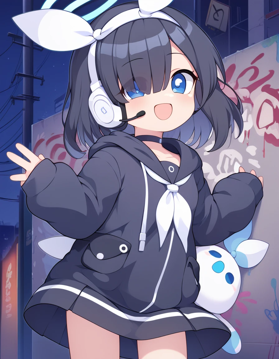 score_9, score_8_up, score_7_up, uncensored, source_anime BREAK arona \(blue archive\), 1girl, :d, blue eyes, black hair, blue shirt, braid, choker, hair over one eye, hairband, halo, long sleeves, looking at viewer, open mouth, black hoodie, skirt, headset, smile, solo, white hairband, black skirt, busy futuristic street, night, graffiti on wall, full body picture.