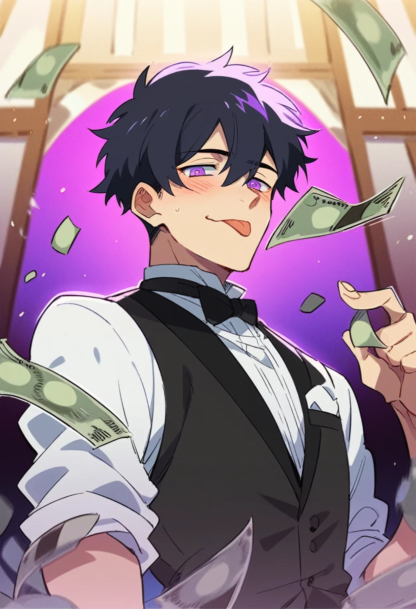 A butler with short black hair and purple eyes, he's blushing with his tongue out and his eyes rolled back . Anime Art Style. A purple light background house with so much money.