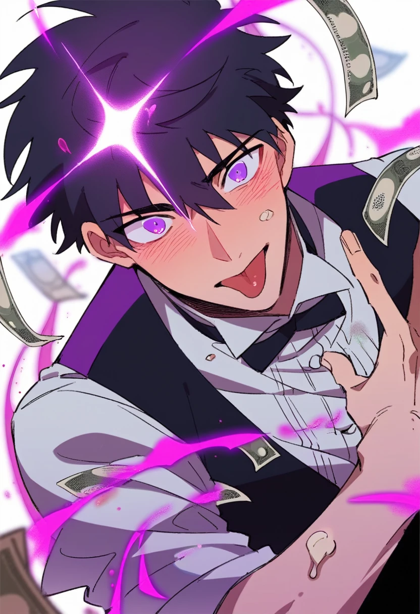 A butler with short black hair and purple eyes, he's blushing with his tongue out and his eyes rolled back . Anime Art Style. A purple light background house with so much money.