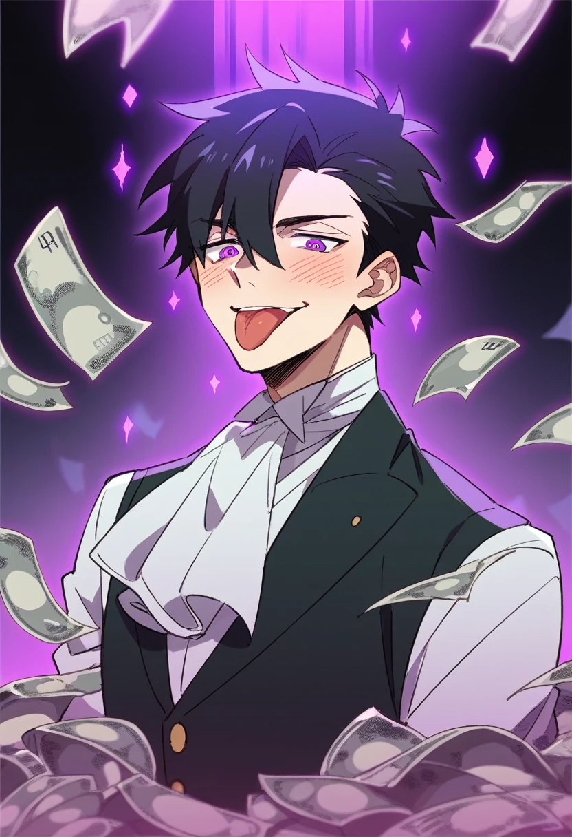 A butler with short black hair and purple eyes, he's blushing with his tongue out and his eyes rolled back . Anime Art Style. A purple light background house with so much money.