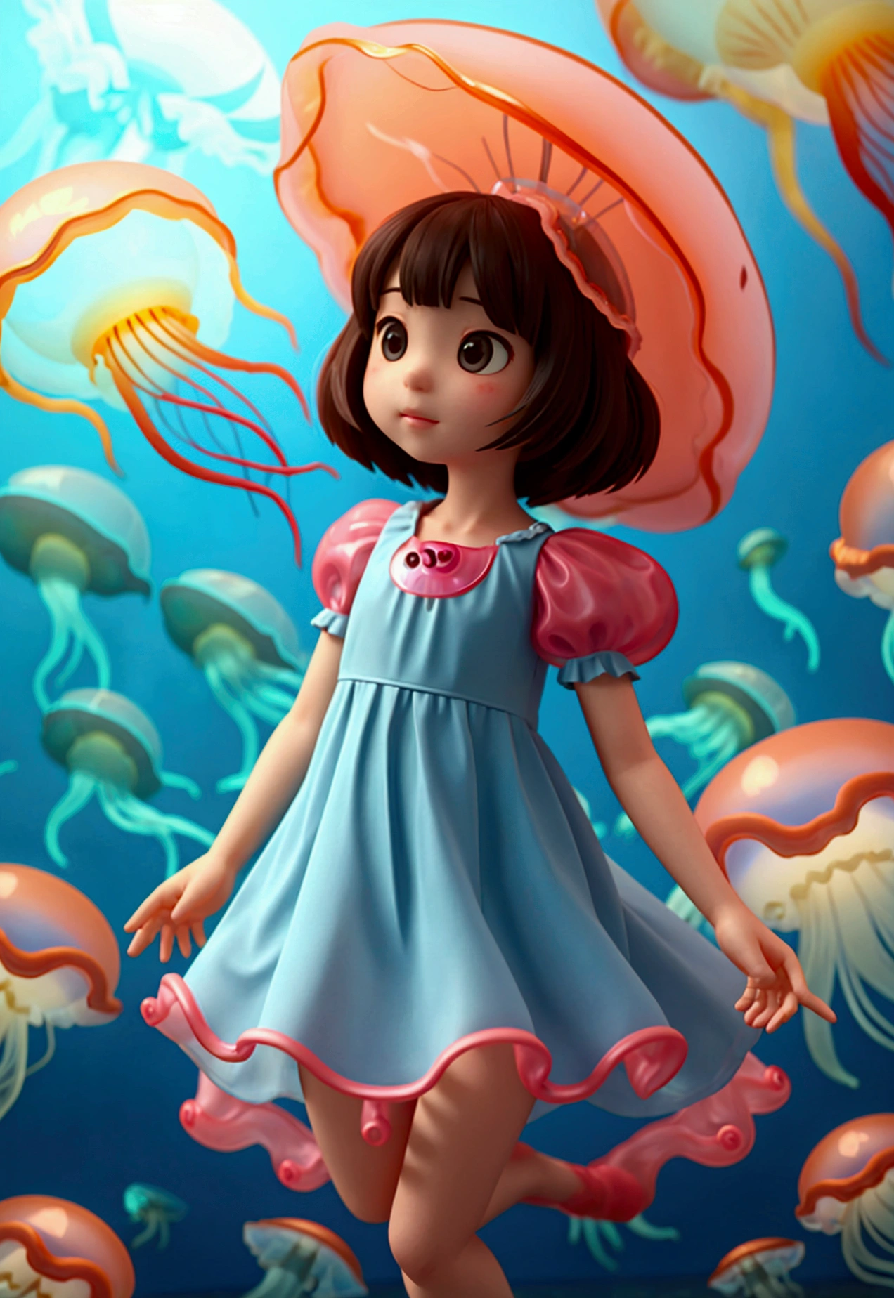 cute女の子、Yeah,Flat Chest,cute,(Jellyfish Girl:1.2), Put your arms behind your back,In the water,Ruffled Dress, 