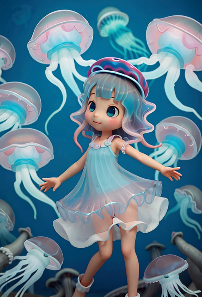 cute女の子、Yeah,Flat Chest,cute,(Jellyfish Girl:1.2), Put your arms behind your back,In the water,Ruffled Dress,