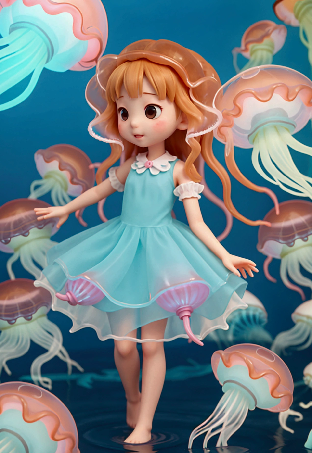 cute女の子、Yeah,Flat Chest,cute,(Jellyfish Girl:1.2), Put your arms behind your back,In the water,Ruffled Dress,