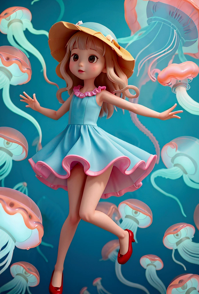 cute女の子、Yeah,Flat Chest,cute,(Jellyfish Girl:1.2), Put your arms behind your back,In the water,Ruffled Dress, 