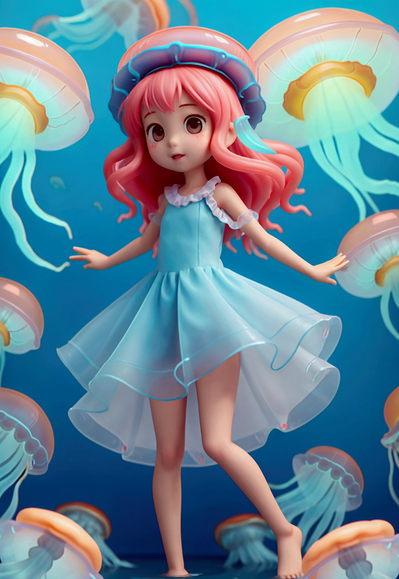 cute女の子、Yeah,Flat Chest,cute,(Jellyfish Girl:1.2), Put your arms behind your back,In the water,Ruffled Dress, 