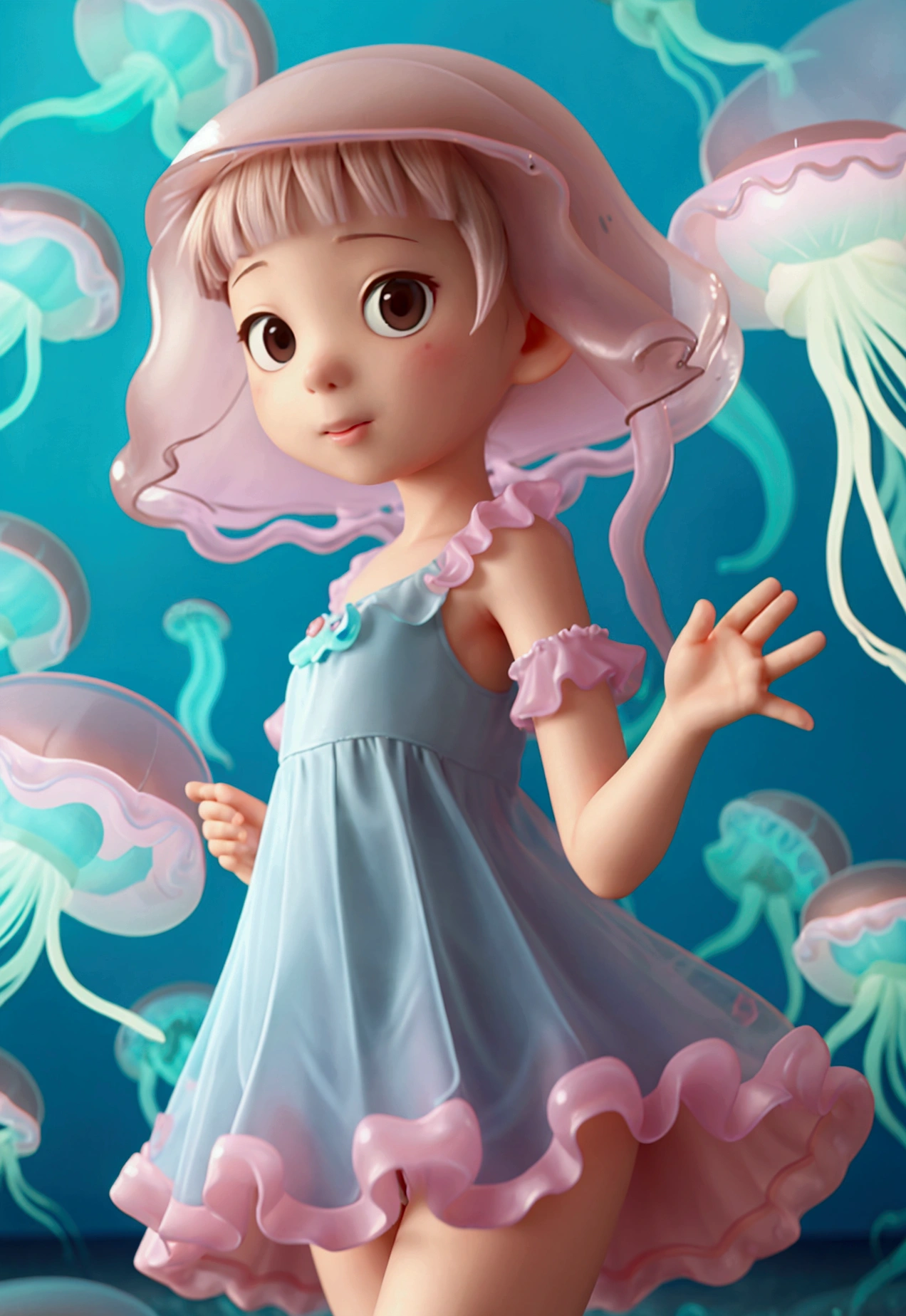 cute女の子、Yeah,Flat Chest,cute,(Jellyfish Girl:1.2), Put your arms behind your back,In the water,Ruffled Dress, 