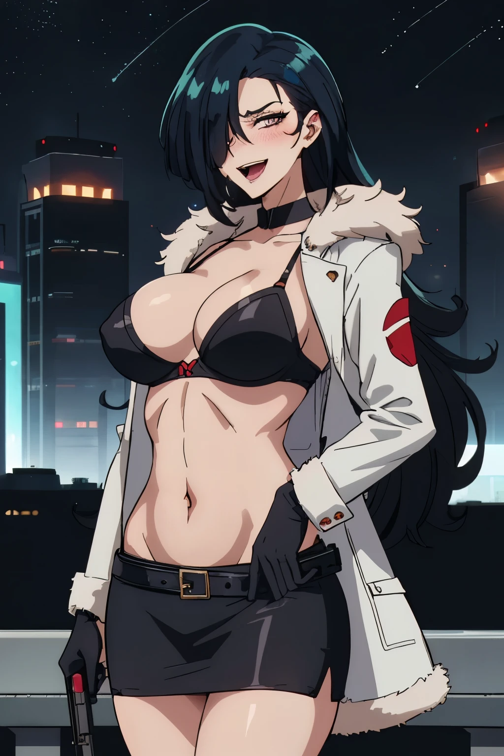 IM, 1girl, solo, hair over one eye, big breasts, blush, perfect quality, blush, lipstick, long hair, crazy eyes ,Hot girl, baddie, staring, glaring, bad attitude, mean girl, dare, angry, hate, crazy, smoking, sensual, attractive, outdoors, rooftop, cityscape, building, railing, night, night sky, scenery, city lights, fur trim, mature female, gloves, fur-trimmed coat ,masterpiece, best quality, highly detailed, a girls with a gun, open mouth, blazer, sexy gaze, (nsfw) not
safe for work, badass pose , evil smile, smile, black bra, anime girl with long hair, long haired girl,
navel, evil expression, exposed belly, exposed navel, exposed midriff, exposed lower belly, micro
miniskirt, micro pencil skirt, pencil skirt ,holding a gun, holding pistol