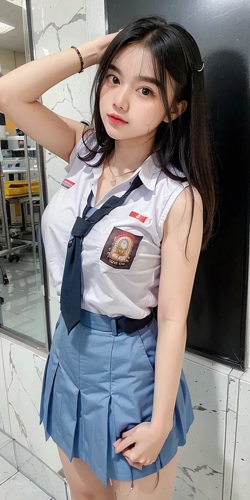 Masterpiece , Beautiful 18 Years Old , Gigantic Large Breast , Cleavage , Sleeveless , ((Wearing High School Uniform)) , High School Skirt , White Sneakers , ((Centre:1.1)), ((Symetric Picture:1.1)) , ((Black Hair:1.1)) , Extremely Detailed , Messy Hair