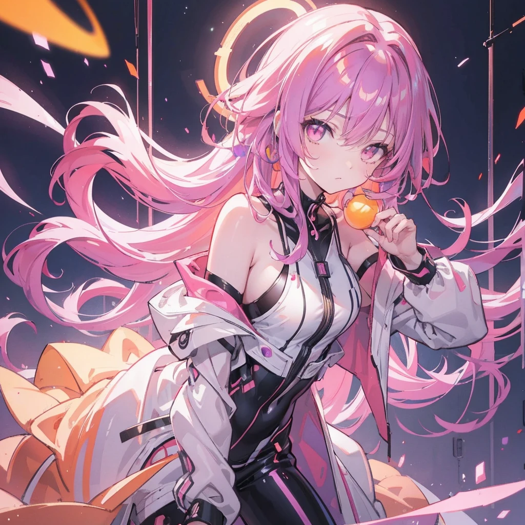  Anime shiny fluorescent curly hair, Color:Neon Purple、neon orange、Playing with metal yo-yos、Ultra HD、Masterpiece