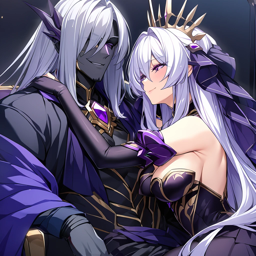 ((Highest quality)), ((masterpiece)), (detailed), (Perfect Face)、The woman is the evil queen Dark Extia, an evil transforming heroine with medium-long silver hair, wearing a gorgeous evil queen dress with gold embroidery and trim, gorgeous accessories, and an engagement ring. She has a happy expression on her face as she hugs the man, leans close to him, and kisses him.、The man is the evil king, Naioro, a handsome man with medium-long silver hair, wearing a black bodysuit, and embracing a woman as they make love.、A man and a woman are sitting close together on a luxurious throne, making love.、A man and a woman are a deeply loving couple