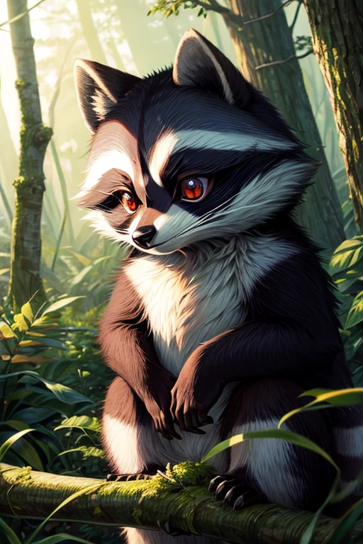 Raccoon with big eyes, Forest background