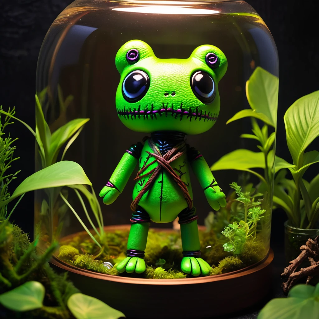 (knitted toy voodoo doll:1.9), (Voodoo Frog in Terrarium:1.3), (Clothing: dark skin with glowing green spots:1.0), (Accessories: enchanted cursed branch, glowing ethereal water dish, mystical haunted terrarium:1.2), (background: eerie terrarium with floating, glowing water droplets and croaking sounds:1.2), best quality, masterpiece, detailed soft oil painting, detailed background, dramatic cinematic lighting, soft edge lighting, professional, dramatic lighting, hard edge lighting, ultra quality, 4k, masterpiece, best quality, 8k, ultra high definition, high resolution, extremely detailed
