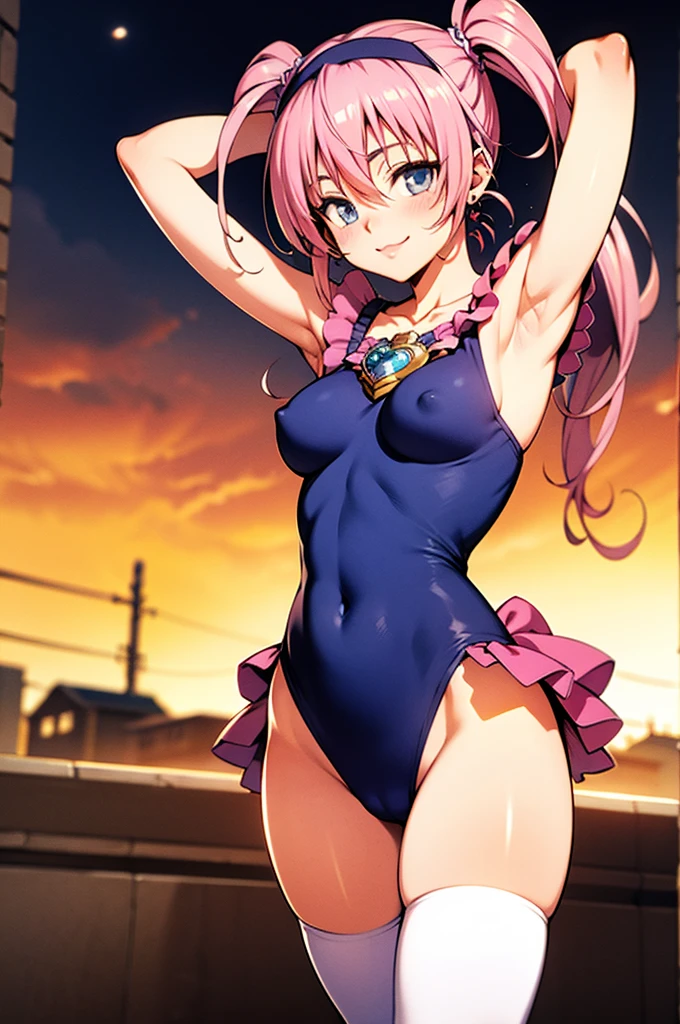 cure melody, navel, pink hair ribbon:1.2, hairband, pink thighhighs, pink shoes, wrist cuffs, twintails, gem, frills, anime coloring, best quality, looking at viewer, solo, contrapposto, spread armpit, arms behind head, smile, looking at viewer, (cowboy shot:1.5), closed mouth, night sky, beach,