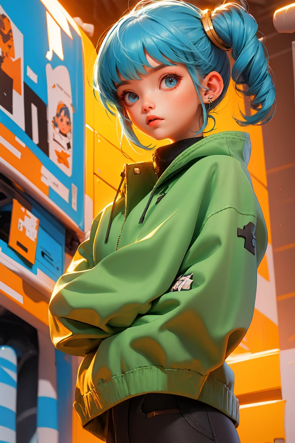 Cute girl,Blue hair,Cross your arms,