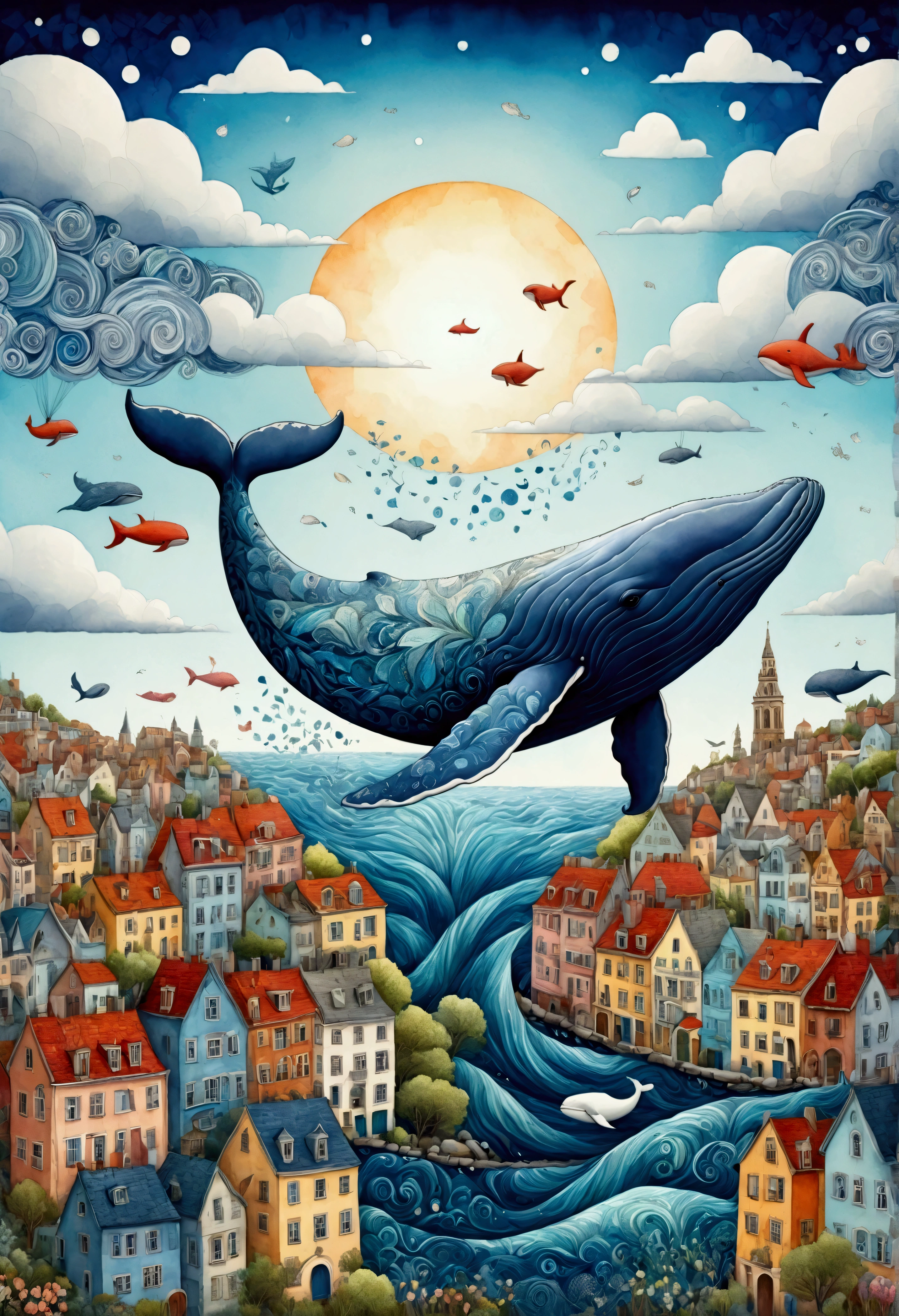 create artistic handmade pieces,This is a dreamy and colorful work that looks like an illustration in a picture book.,Collage using various art materials,A sky pattern drawn by mixing blue and black,watercolor style background,cloth,quilting,Embroidery thread,Looking down on the cityscape painted in white and orange from above,flying whale,Cityscape and sky of a Brazilian city near the sea,BREAK,(Flying Whale: Anatomically Correct Whale: Cute Whale: Baleen Whale: Humpback Whale),BREAK,rich expression,Use various patterns such as geometric patterns and traditional patterns,An imaginative dream world,happy dream,artwork,patchwork,intricate details,anatomically correct,perfect ,kind,rich colors,Careful in every detail,structurally correct
