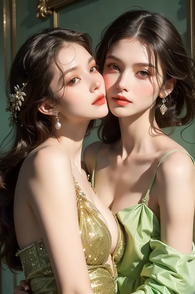 Beautiful and gentle ladies and handsome and cool men，Two people leaning together，Sweet atmosphere，Two people standing in the mansion，Perfect face，bust，Haute couture dresses