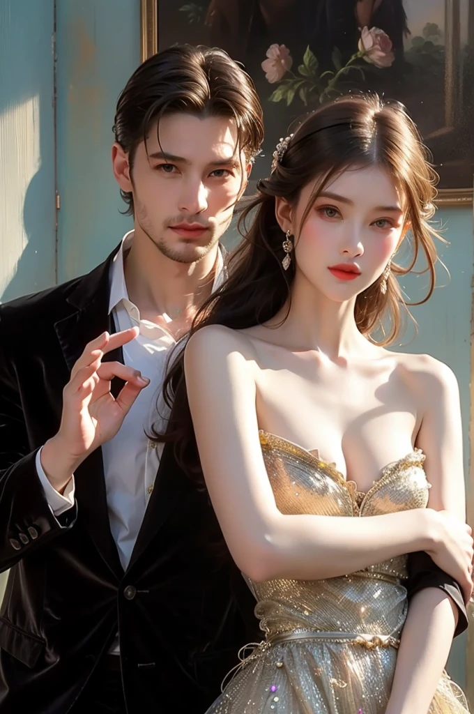 Beautiful and gentle ladies and handsome and cool men,Two people leaning together,Sweet atmosphere,Two people standing in the mansion,Perfect face,bust,Haute couture dresses