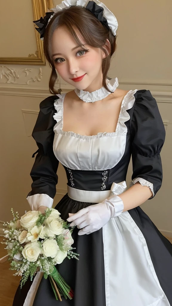 　Beautiful woman like an actress　Maid Costume　Holding a bouquet