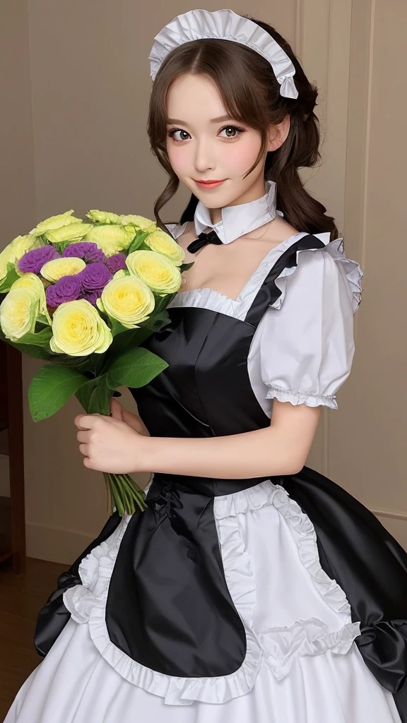 Beautiful woman like an actress Maid Costume Holding a bouquet