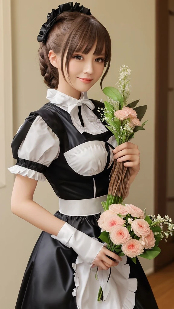 　Beautiful woman like an actress　Maid Costume　Holding a bouquet