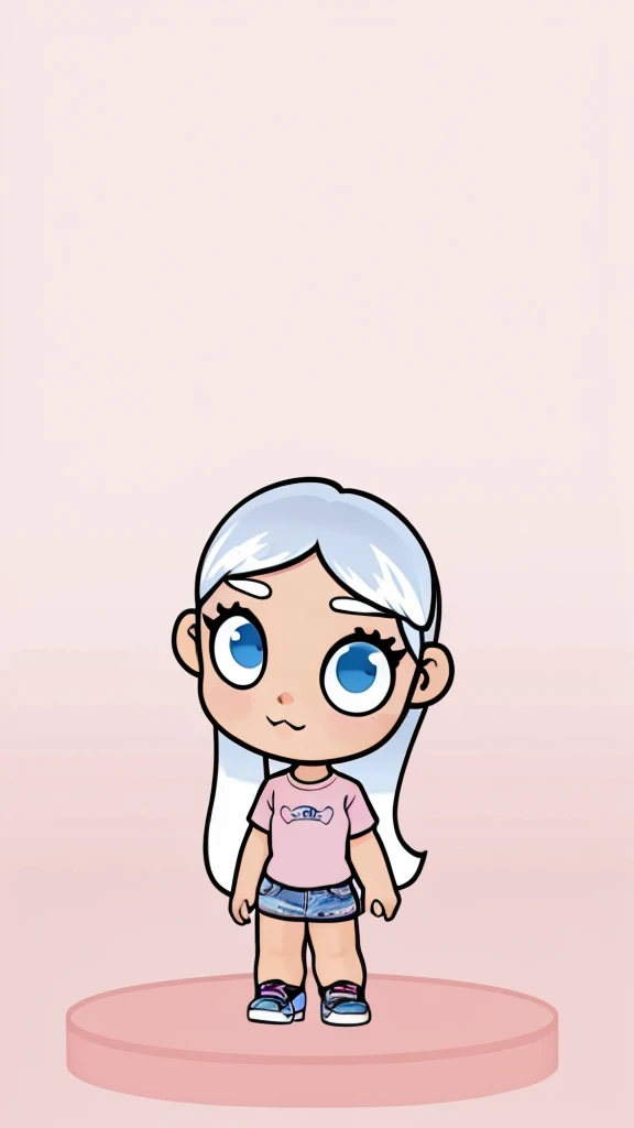 Standing Cute Girl with Blue eye white hair as long as her waist, pretty is written on the pink tshirt, very short blue jeans with black shoes with 9ne white line stripe on the sides