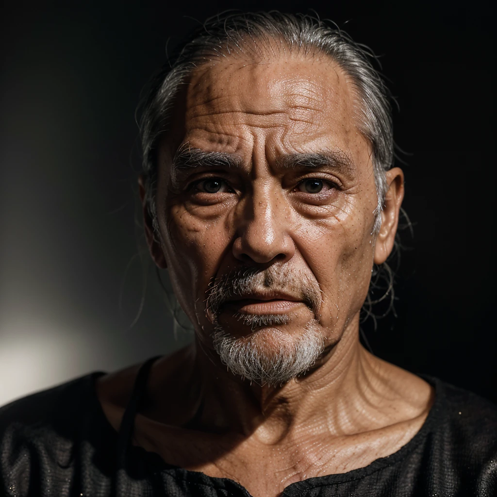 portrait of very old man in china,beard,(80 years old),tired,(eye contact:1.3),(intense stare:1.3),on a (plain black background:1.2),(headshot:1.2),(face focus:1.1),(facing the camera:1.2),head in the centre,slight smile but sad,(facing straightforward:1.2),(forward facing:1.1),face focus,f1.4,40mm,photorealistic,raw,8k,skin pores,dried-up,textured skin,intricate details,dramatic light,award winning,Strong emotional expression,depth of field,blurry,Bokeh,by Nori Inoguchi,