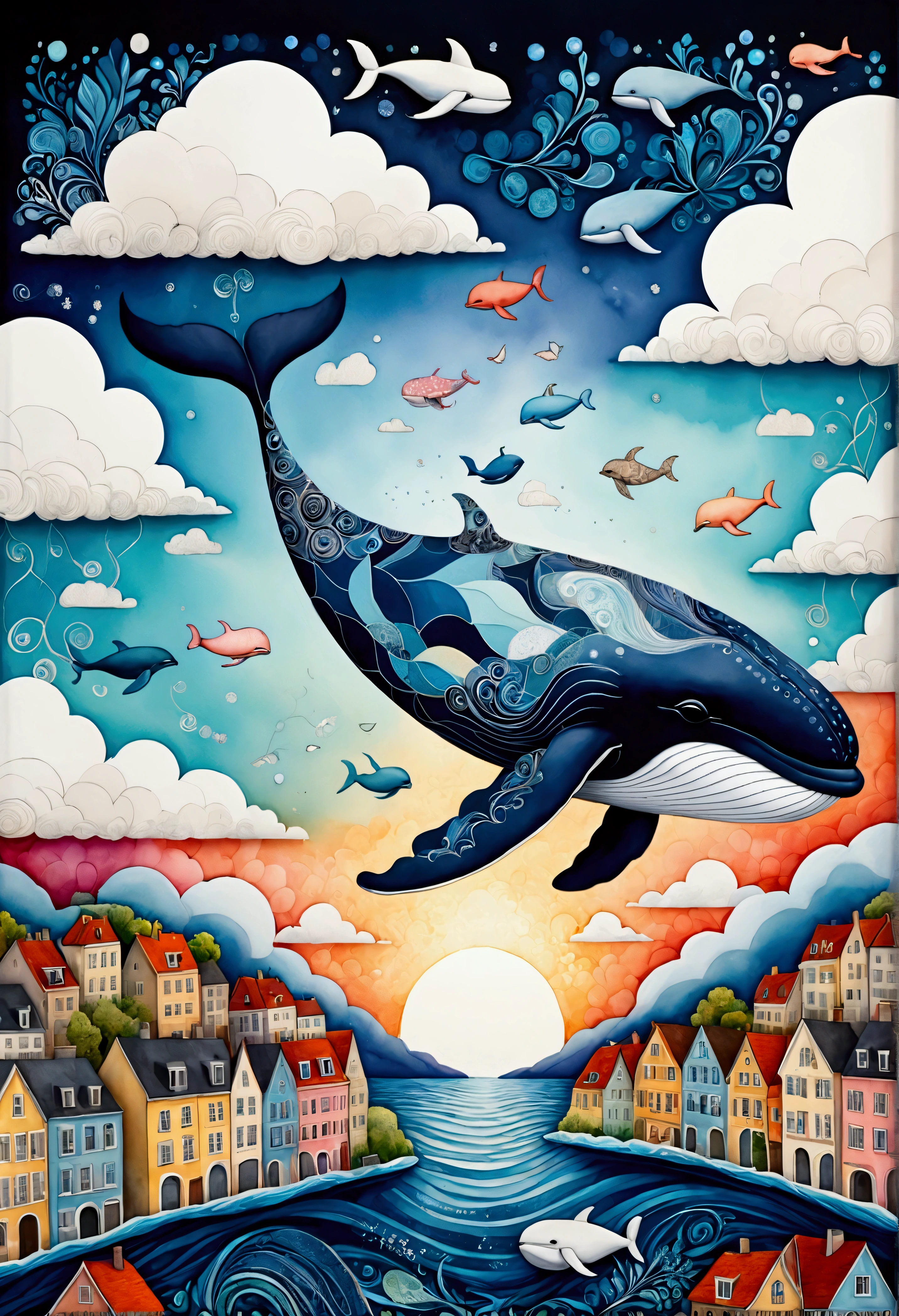 create artistic handmade pieces,This is a dreamy and colorful work that looks like an illustration in a picture book.,Collage using various art materials,A sky pattern drawn by mixing blue and black,watercolor style background,cloth,quilting,Embroidery thread,Looking down on the cityscape painted in white and orange from above,flying whale,Cityscape and sky of a Brazilian city near the sea,BREAK,(Flying Whale: Anatomically Correct Whale: Cute Whale: Baleen Whale: Humpback Whale),BREAK,rich expression,Use various patterns such as geometric patterns and traditional patterns,An imaginative dream world,happy dream,artwork,patchwork,intricate details,anatomically correct,perfect ,kind,rich colors,Careful in every detail,structurally correct