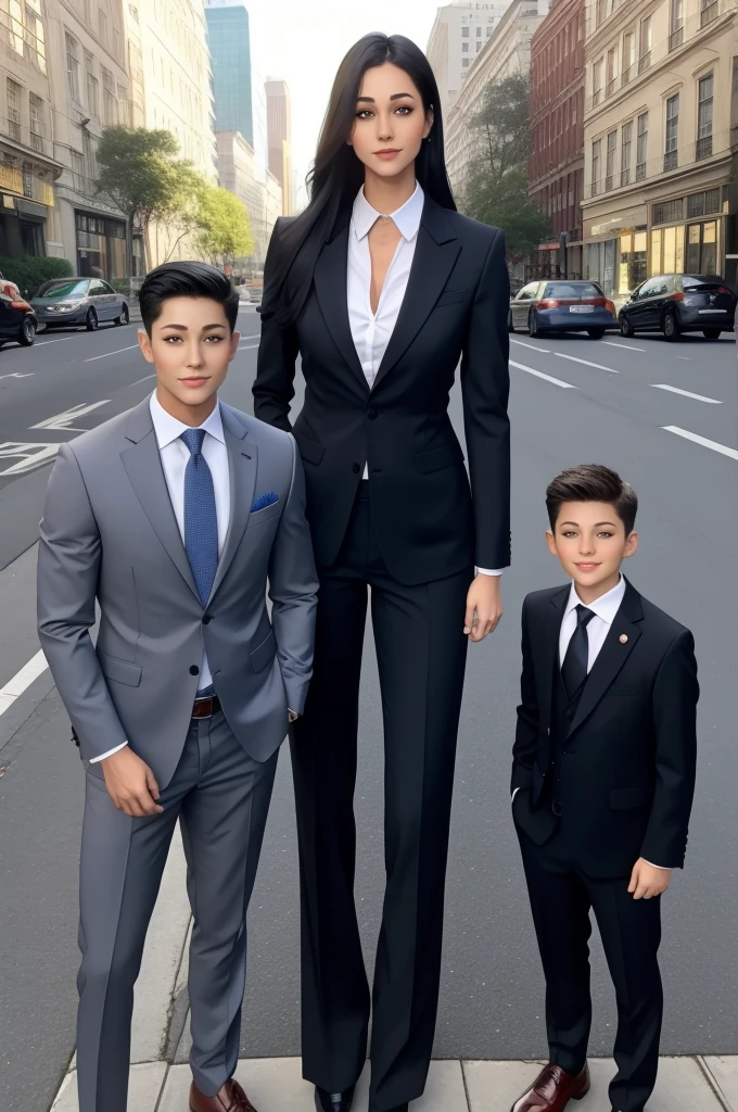 Tall wife in the middle, short husband in the left, short son in the right, beautiful faces, wife is wearing suit and pants, wife has big , wife is showing cleavage, wife is ripped, wife's suit has a belly button cutout, wife has ripped visible abs, make the girls even more taller than the boys, boys are very thin and weak, boys wearing suit and pants, wife is standing barefoot, boys are wearing office shoes