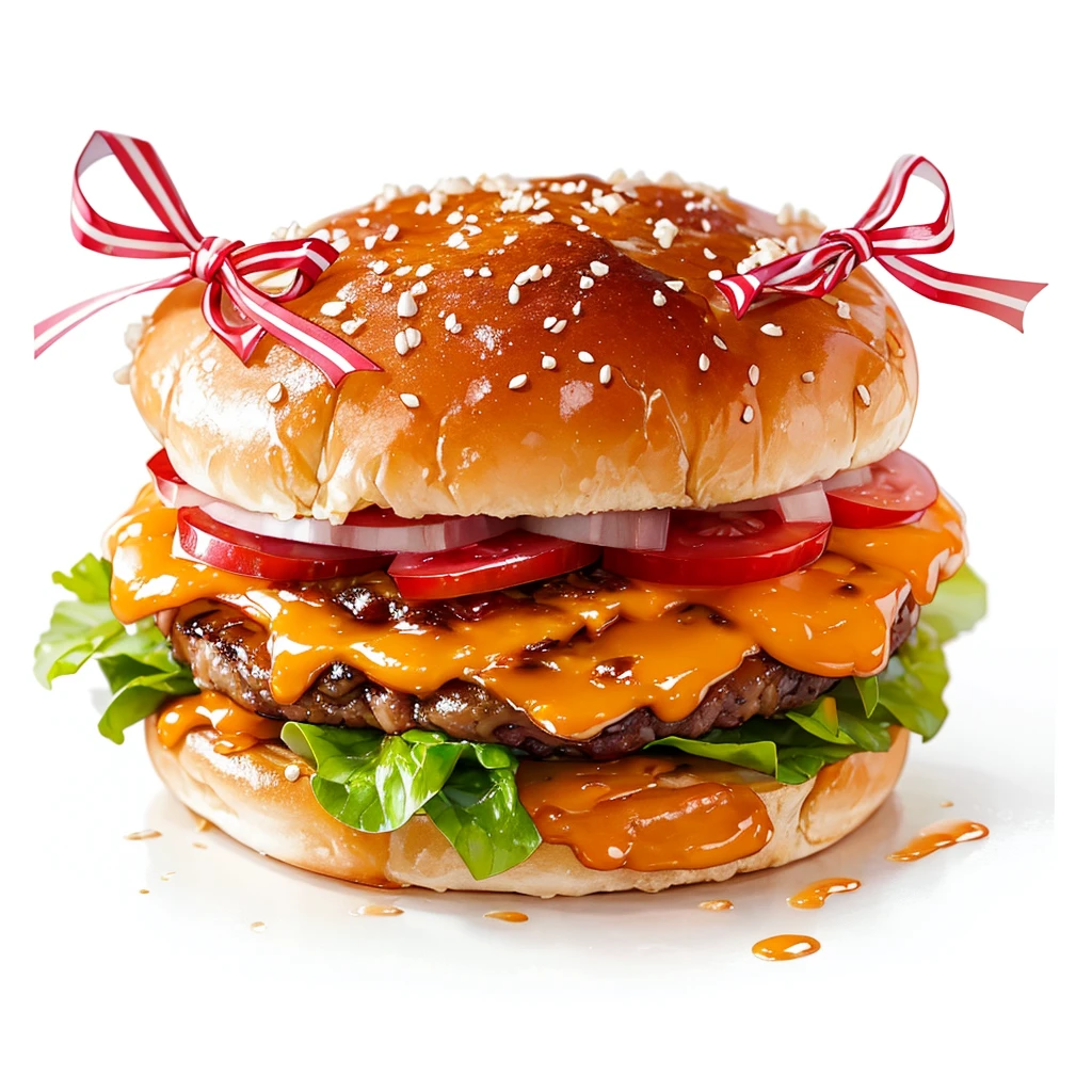 ((masterpiece)), ((Highest quality)), A decadent gourmet burger with perfectly melted cheese and fresh vegetables,With two ribbons,Cute hamburger,Fantasy Creation,Dressed up hamburger,Can be served.