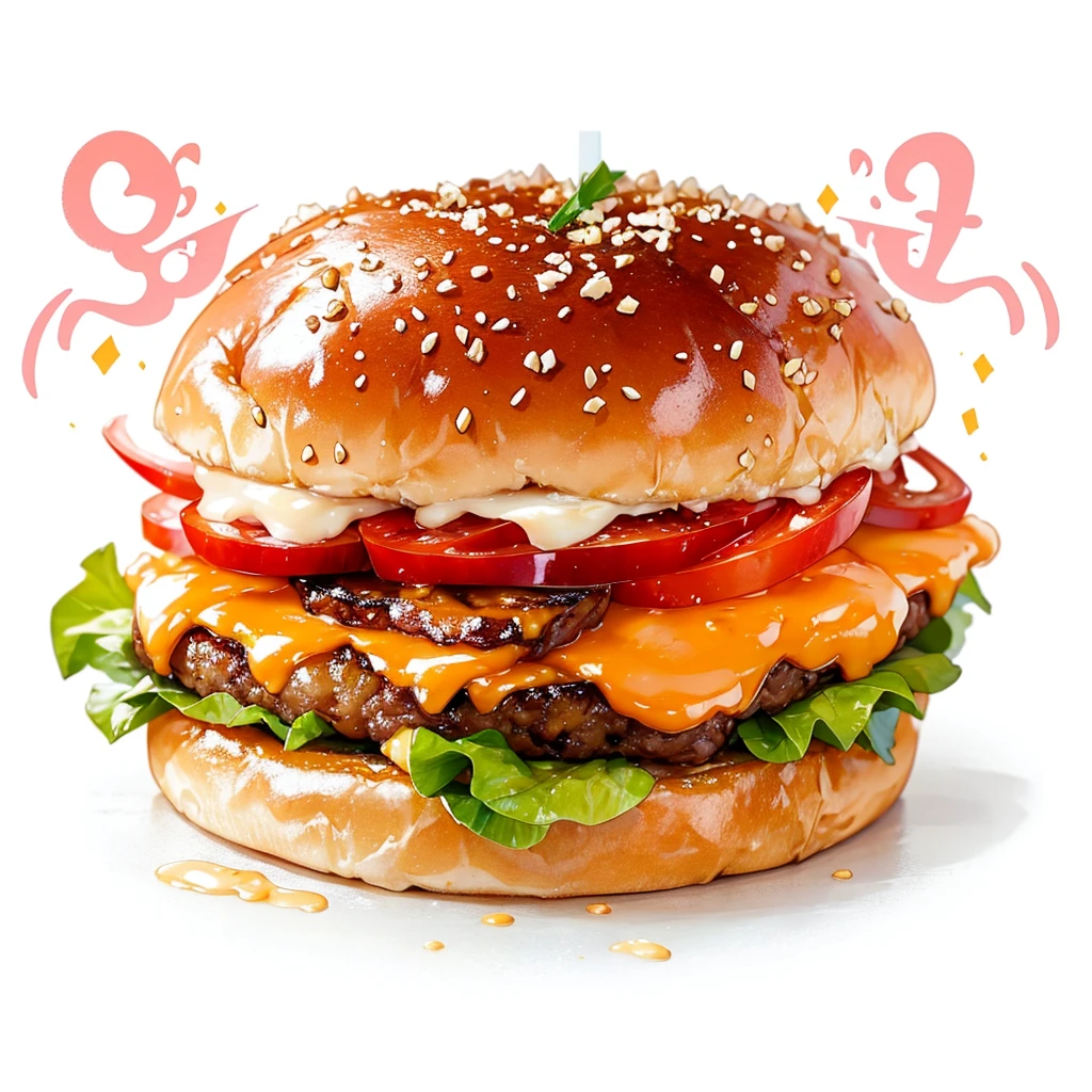 ((masterpiece)), ((Highest quality)), A decadent gourmet burger with perfectly melted cheese and fresh vegetables,With two ribbons,Cute hamburger，Fantasy Creation，Dressed up hamburger,Can be served.