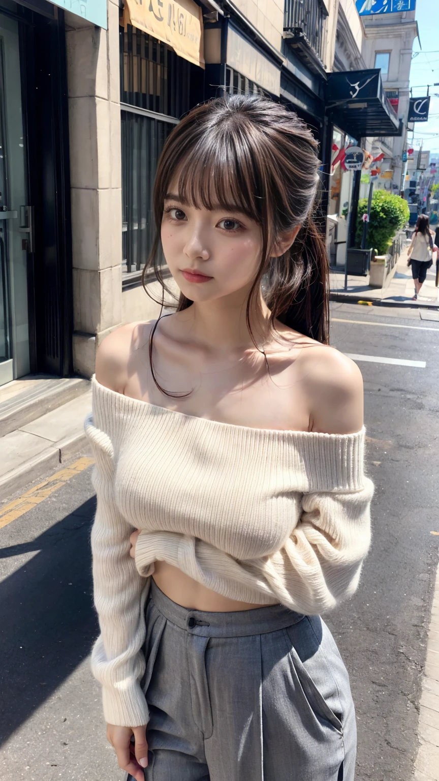 Short length、 ((White knitted loose off-shoulder top、Cropped trousers)),  Brown Skin、Huge breasts, expresses the roundness and softness of the chest area, (plumpy body, perfect body shape), Medium ponytail、Light brown hair,Messy bangs、Cheeky look、Redness on the cheeks、Raise the corners of the eyes、Triumphant thin eyebrows、Young Face、 ((Very detailed)), Perfectly detailed face, Great hands, Photorealistic images、((Full Body Shot、Shooting from the side))、street、Sexy pose