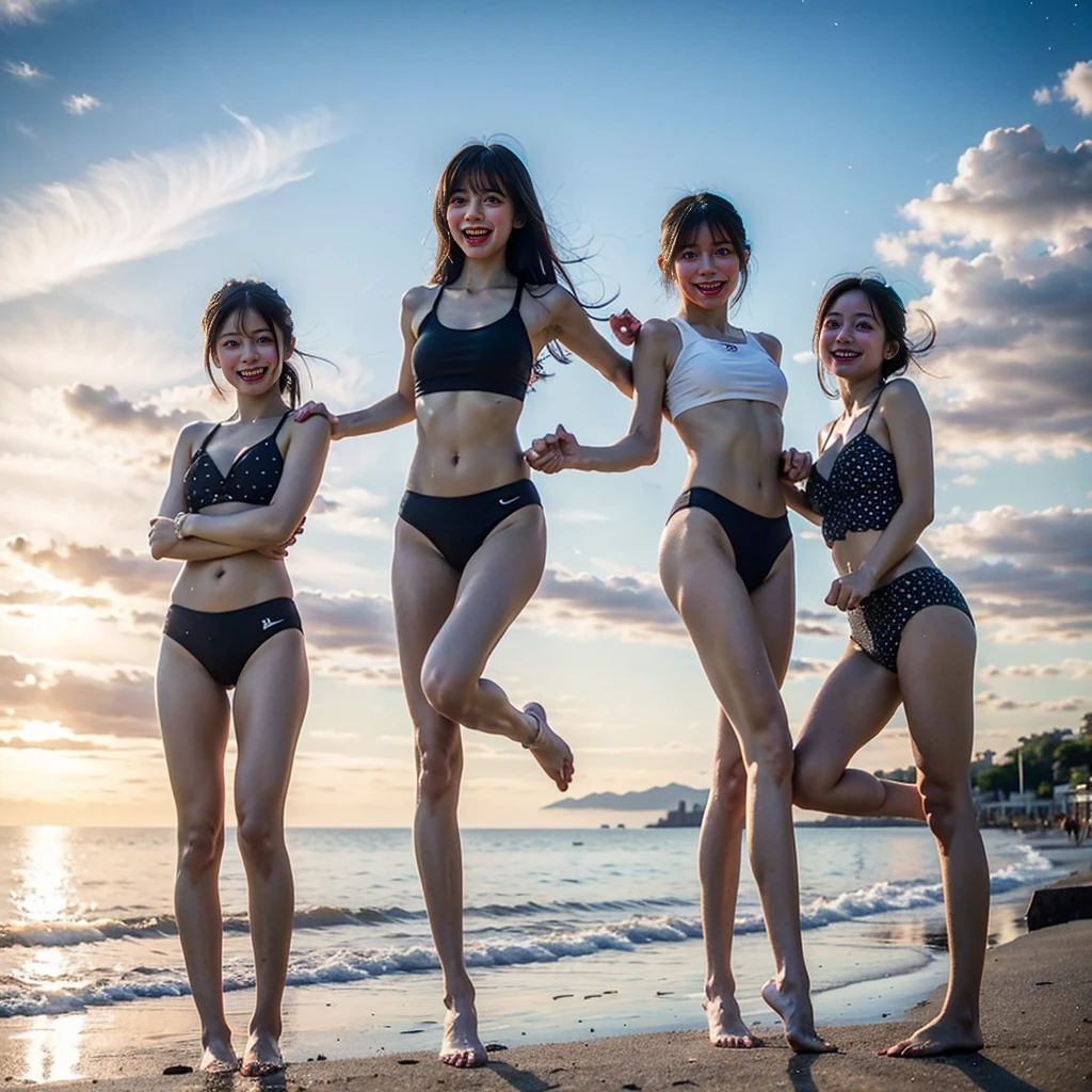  Masterpiece of ProfessionalPhoto ((ExtremelyDetailed (12 PICHIPICHI KAWAII Girls Floating in The Air in a row:1.37) in WHITE at Dusk Enoshima Beach)), {(Standing Full Body:1.2)|(from below:1.2)|Detailed KAWAII face}, Different types of hair colors, {(skinny(school swimwear))|(SchoolUniform)with Skinny AthleticShorts}, {(Corrected Childish hand)|Hidden hand|Different types of breasts|(Clearly Visible the shape of Butt)}, Joyful Expressions LifeLike Rendering, Detailed clothing texture, PerfectLighting, (Dazzling Horizon Visible through ThighGap), (Starry IridescentParticles:1.22) ColorfulClouds