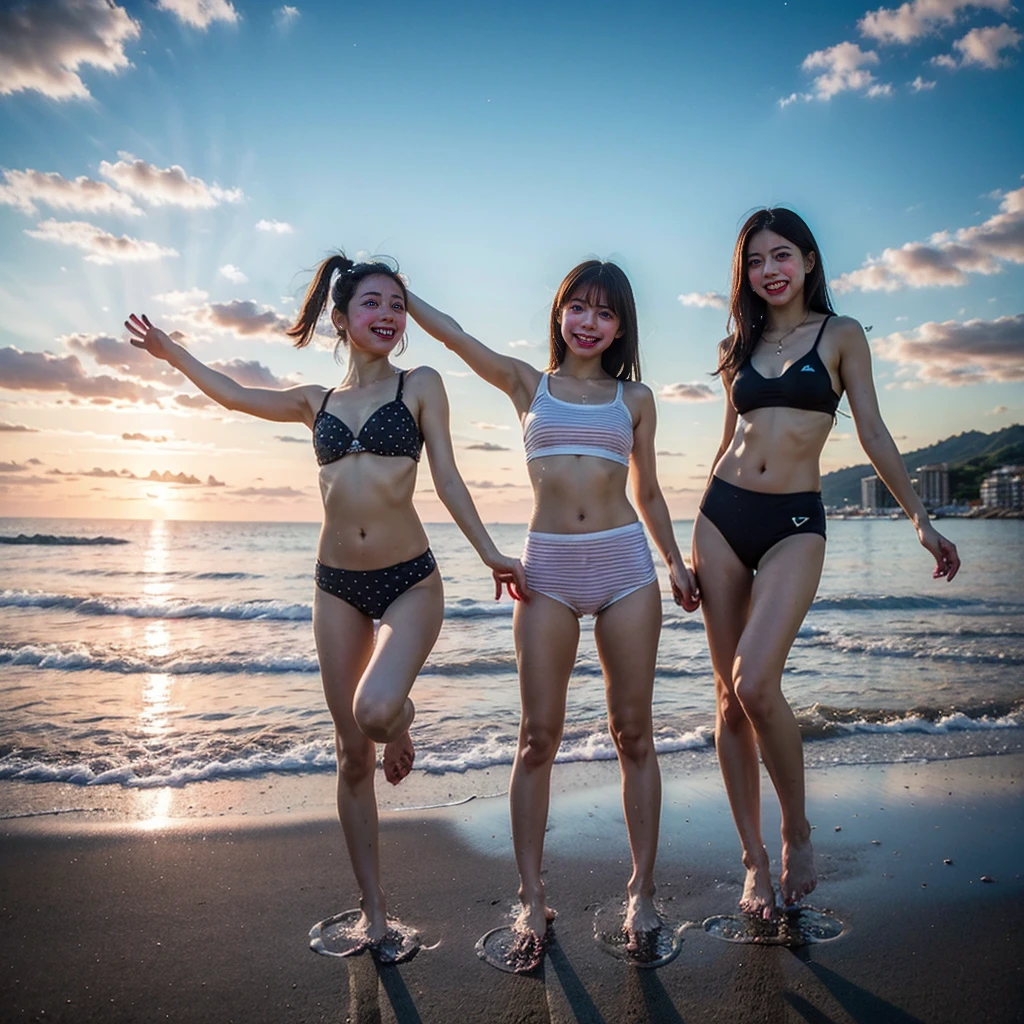 Masterpiece of ProfessionalPhoto ((ExtremelyDetailed (12 PICHIPICHI KAWAII Girls Floating in The Air in a row:1.37) in WHITE at Dusk Enoshima Beach)), {(Standing Full Body:1.2)|(from below:1.2)|Detailed KAWAII face}, Different types of hair colors, {(skinny(school swimwear))|(SchoolUniform)with Skinny AthleticShorts}, {(Corrected Childish hand)|Hidden hand|Different types of breasts|(Clearly Visible the shape of Butt)}, Joyful Expressions LifeLike Rendering, Detailed clothing texture, PerfectLighting, (Dazzling Horizon Visible through ThighGap), (Starry IridescentParticles:1.22) ColorfulClouds
