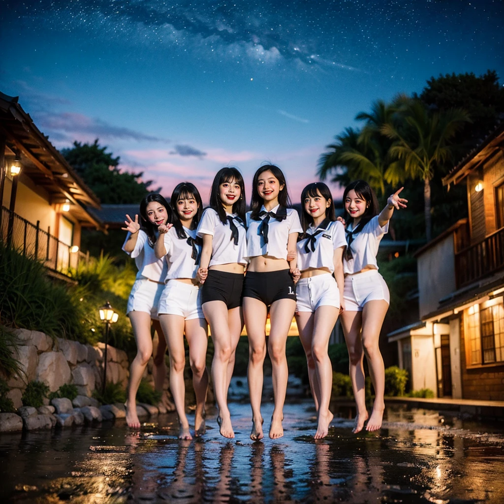 Masterpiece of ProfessionalPhoto ((ExtremelyDetailed (12 PICHIPICHI KAWAII Girls Floating in The Air in a row:1.37) in WHITE at Dusk Enoshima Beach)), {(Standing Full Body:1.2)|(from below:1.2)|Detailed KAWAII face}, Different types of hair colors, {(skinny(school swimwear))|(SchoolUniform)with Skinny AthleticShorts}, {(Corrected Childish hand)|Hidden hand|Different types of breasts|(Clearly Visible the shape of Butt)}, Joyful Expressions LifeLike Rendering, Detailed clothing texture, PerfectLighting, (Dazzling Horizon Visible through ThighGap), (Starry IridescentParticles:1.22) ColorfulClouds