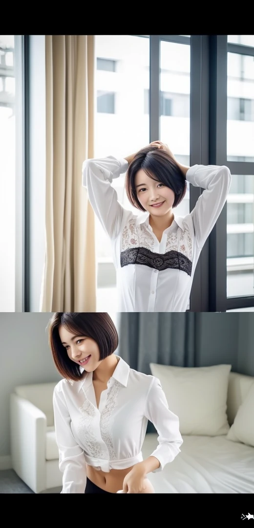 (Wearing a dress shirt and business jacket:1.8),look at the camera with a smile、(Wearing panties)、woman, 20-year-old, Short Hair,Please expose my panties...、(Lace panties)、(Tilt your head a little)、Detailed skin、Detailed skin、Detailed Sweat