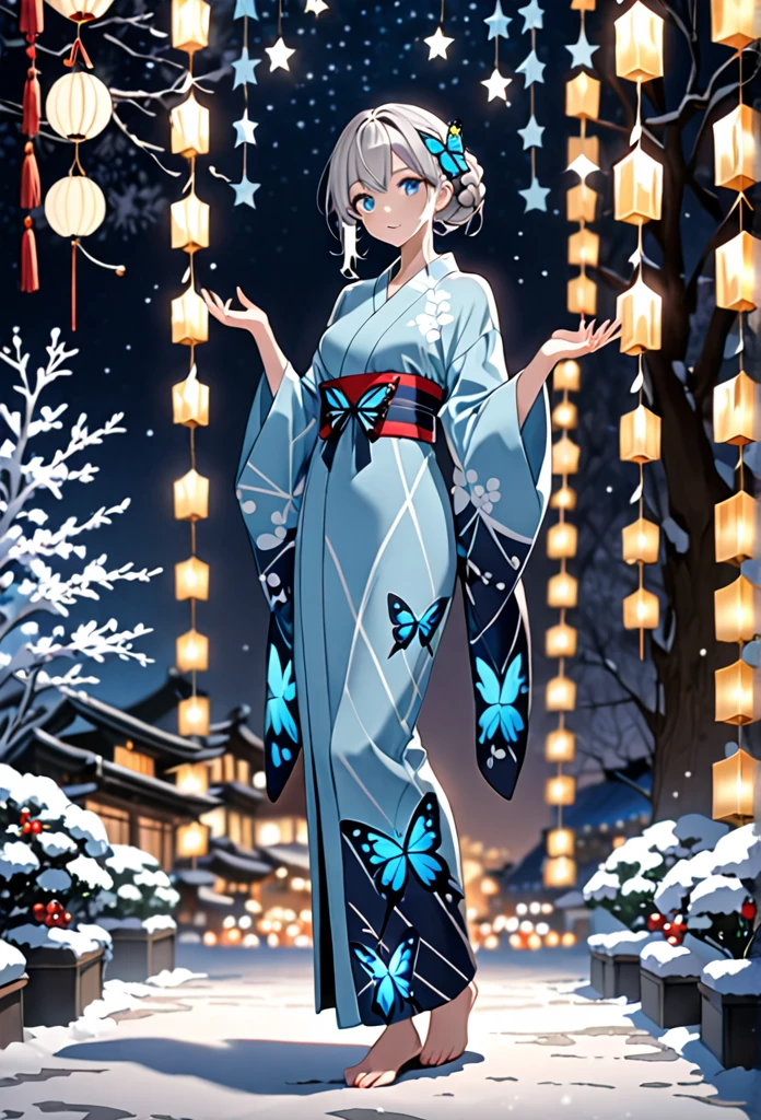High resolution, masterpiece, accurate, Anatomically correct, Winner of numerous awards, Highest quality, High-resolution model,
One girl, solo,
Silver Hair,Braided bun hair,
Ice Blue Eyes, Butterfly hair accessory, slender yukata, Festive night background full body